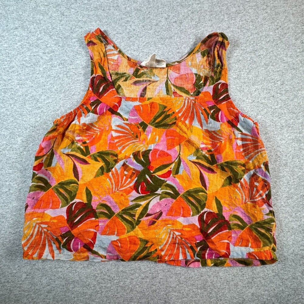 C&C California Linen Cropped Tank Top Tropical Leaf Print Resort Boho Women's M